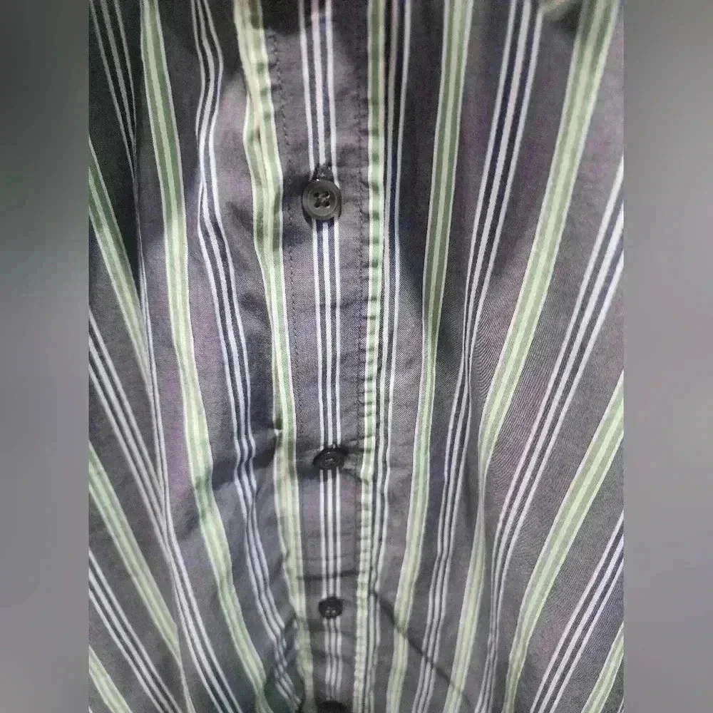 Banana Republic Mens Med White Green Blue Grey Striped Button Down LS Shirt